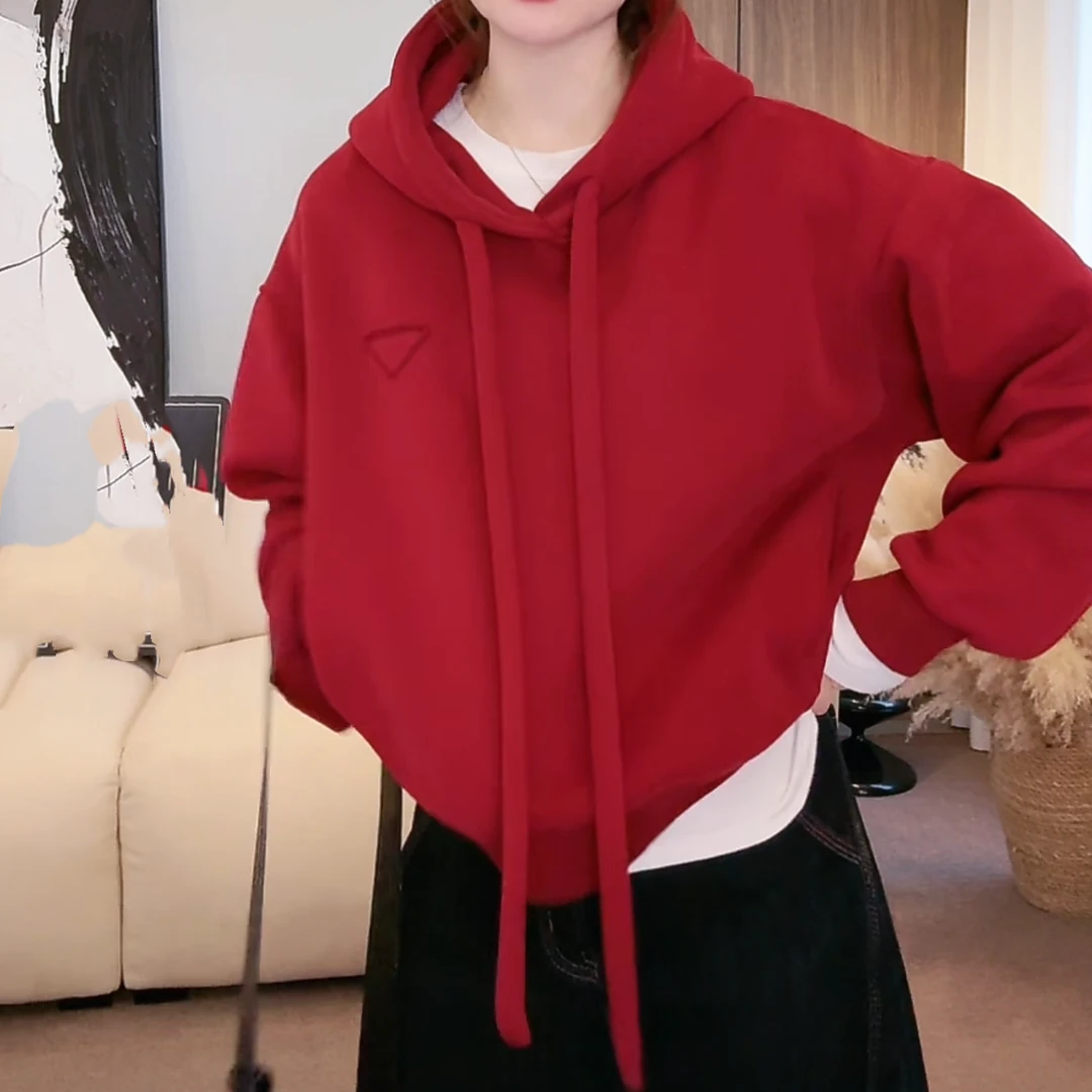 设计感倒三角加绒加厚连帽套头卫衣女秋冬2024年新款休闲宽松上衣