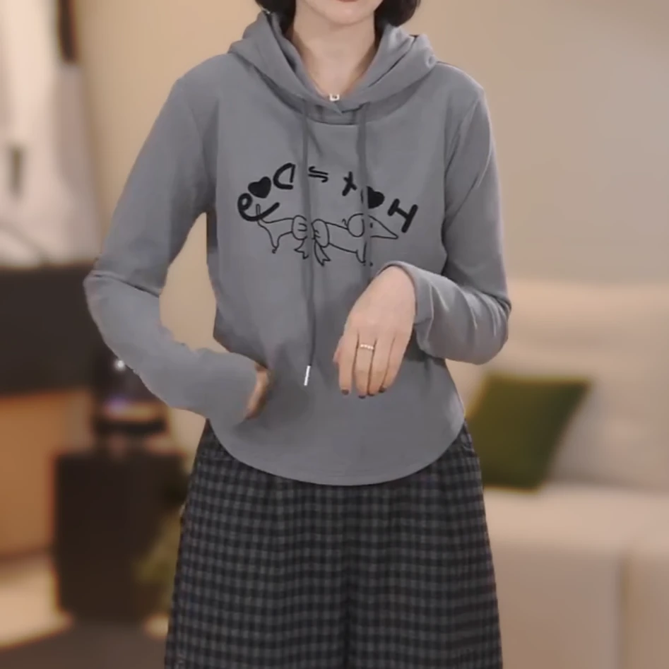 设计感小狗图案加厚双面奥绒卫衣女秋冬休闲修身抽绳连帽长袖上衣