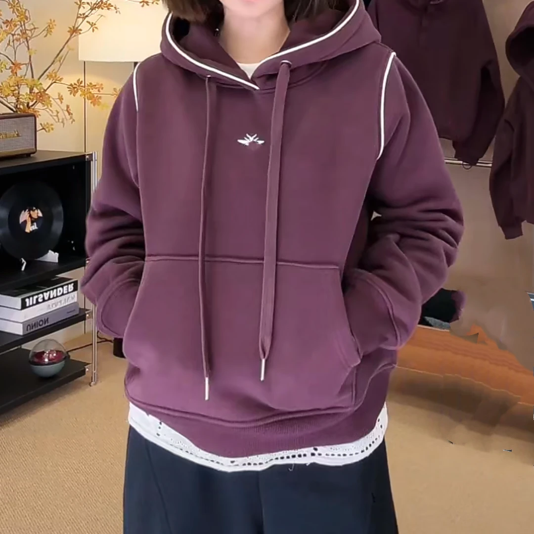 加绒卫衣织带拼接正肩连帽口袋秋冬2024新款百搭休闲长袖上衣