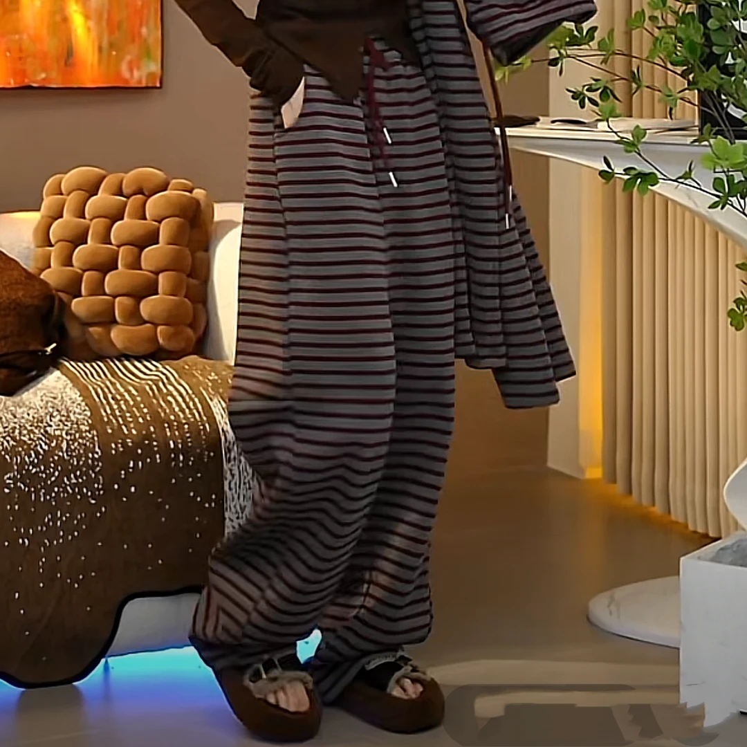 设计感条纹拼接加绒加厚直筒休闲裤女冬季新款保暖高级宽松阔腿裤