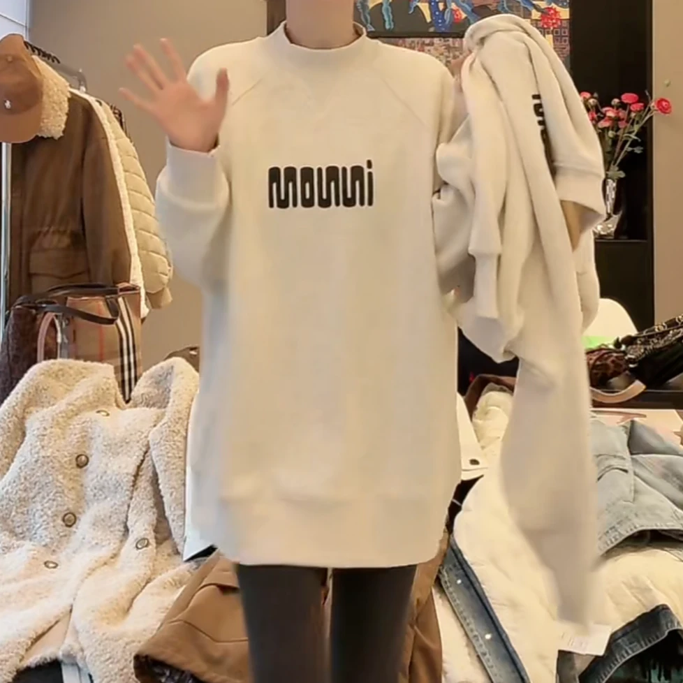 加绒卫衣加绒加厚设计感时尚休闲圆领冬季2024新款字母灰色上衣