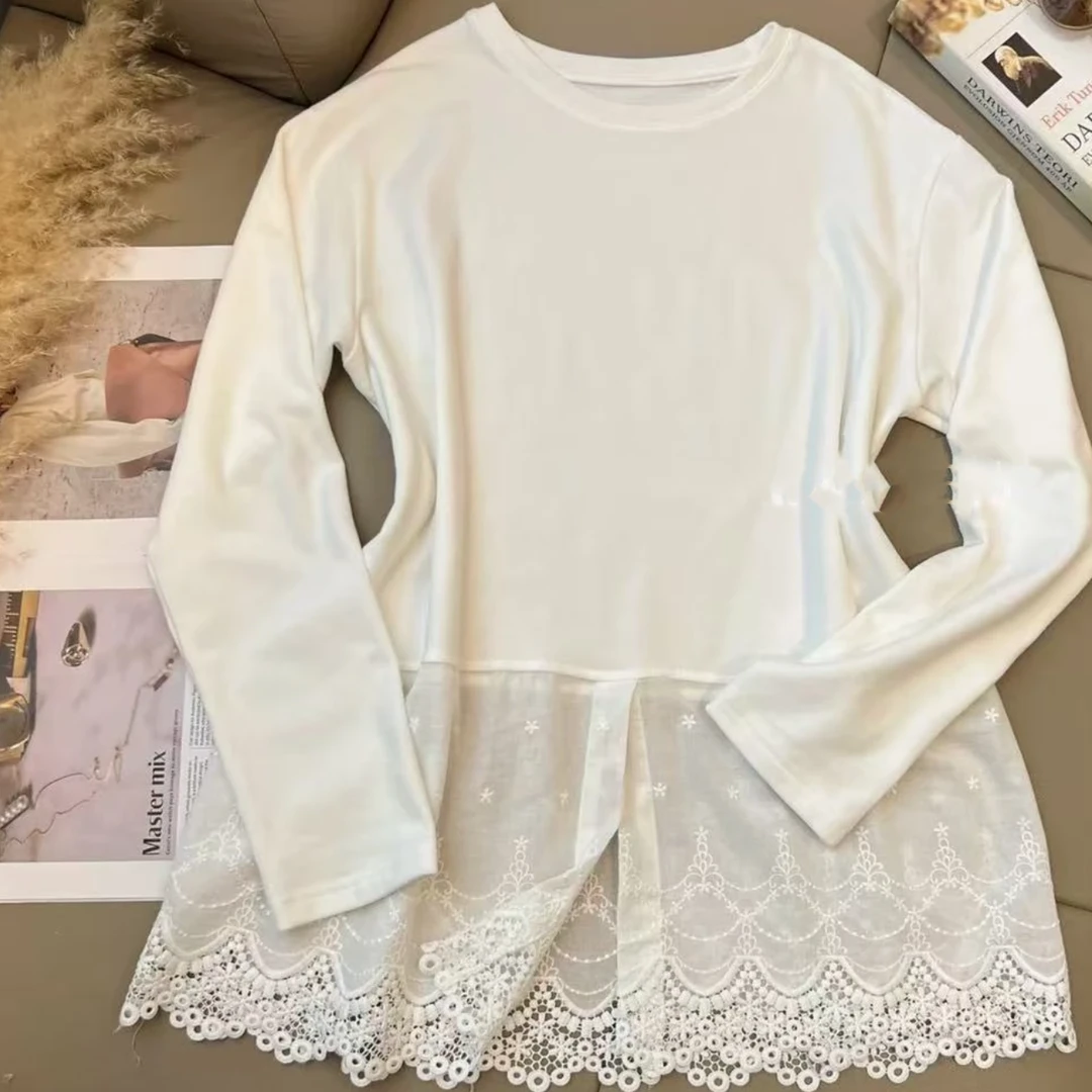 蕾丝上衣拼接T恤秋冬2024新款长袖休闲时尚气质圆领设计感打底衫