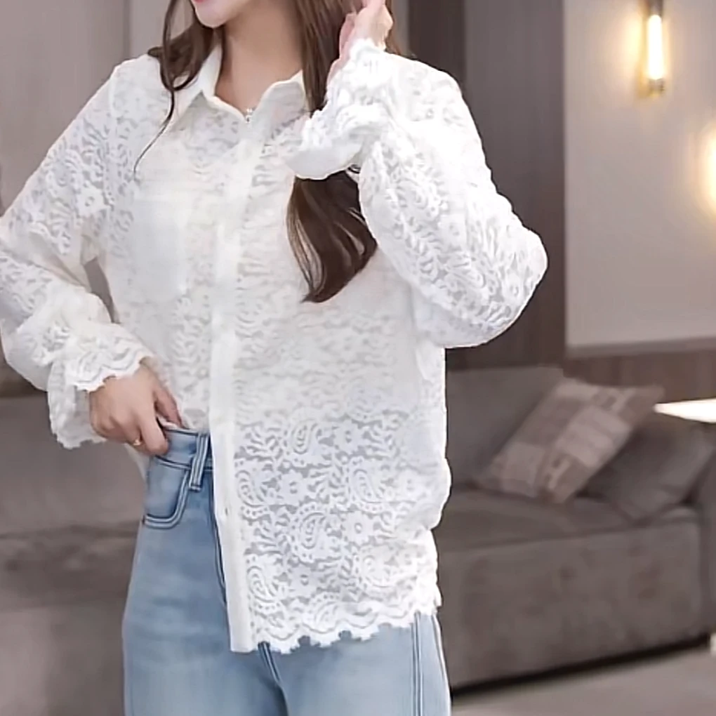 设计感polo领蕾丝衬衫女秋冬2024新款百搭高级感显瘦休闲风衬衣