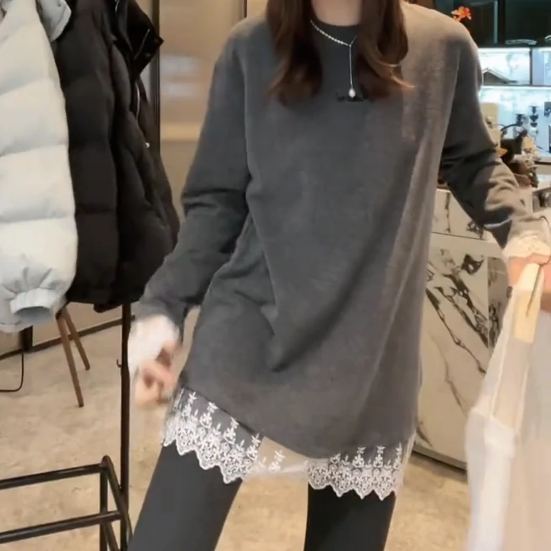 蕾丝上衣设计感拼接洋气高级感长袖2024秋冬新款气质叠搭感t恤