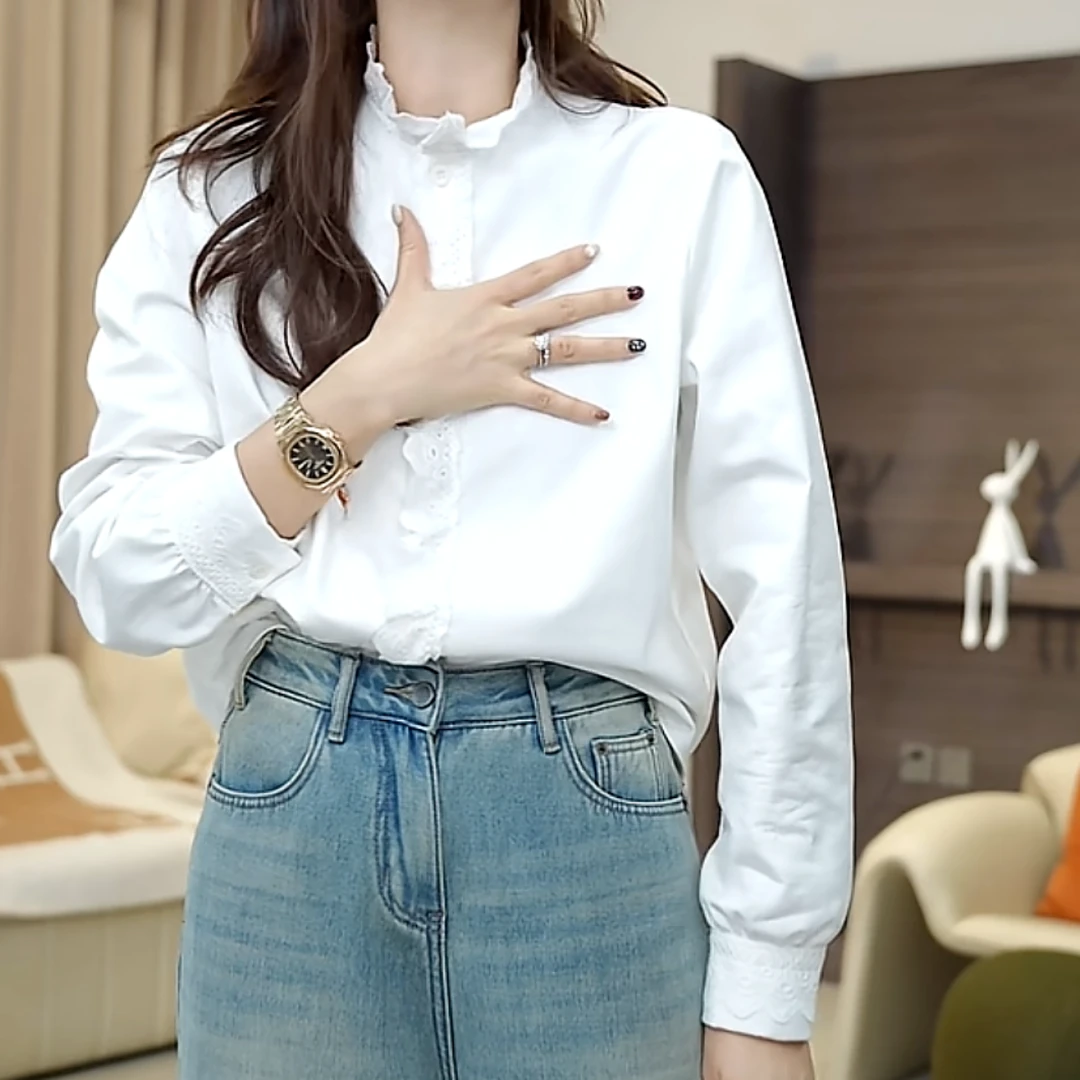 花边白衬衫女2024新款秋冬时尚白色气质衬衣长袖设计感上衣外套