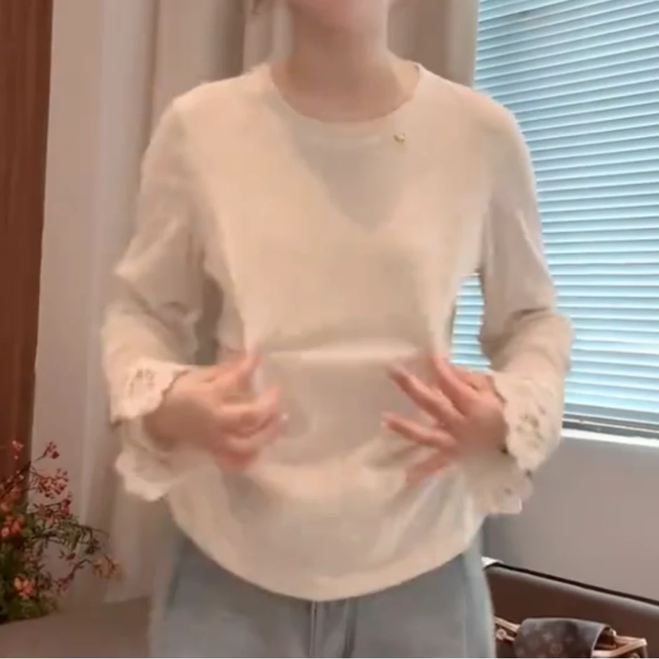 设计感拼接袖口修身长袖T恤女秋冬季洋气高级感收褶纯色打底上衣