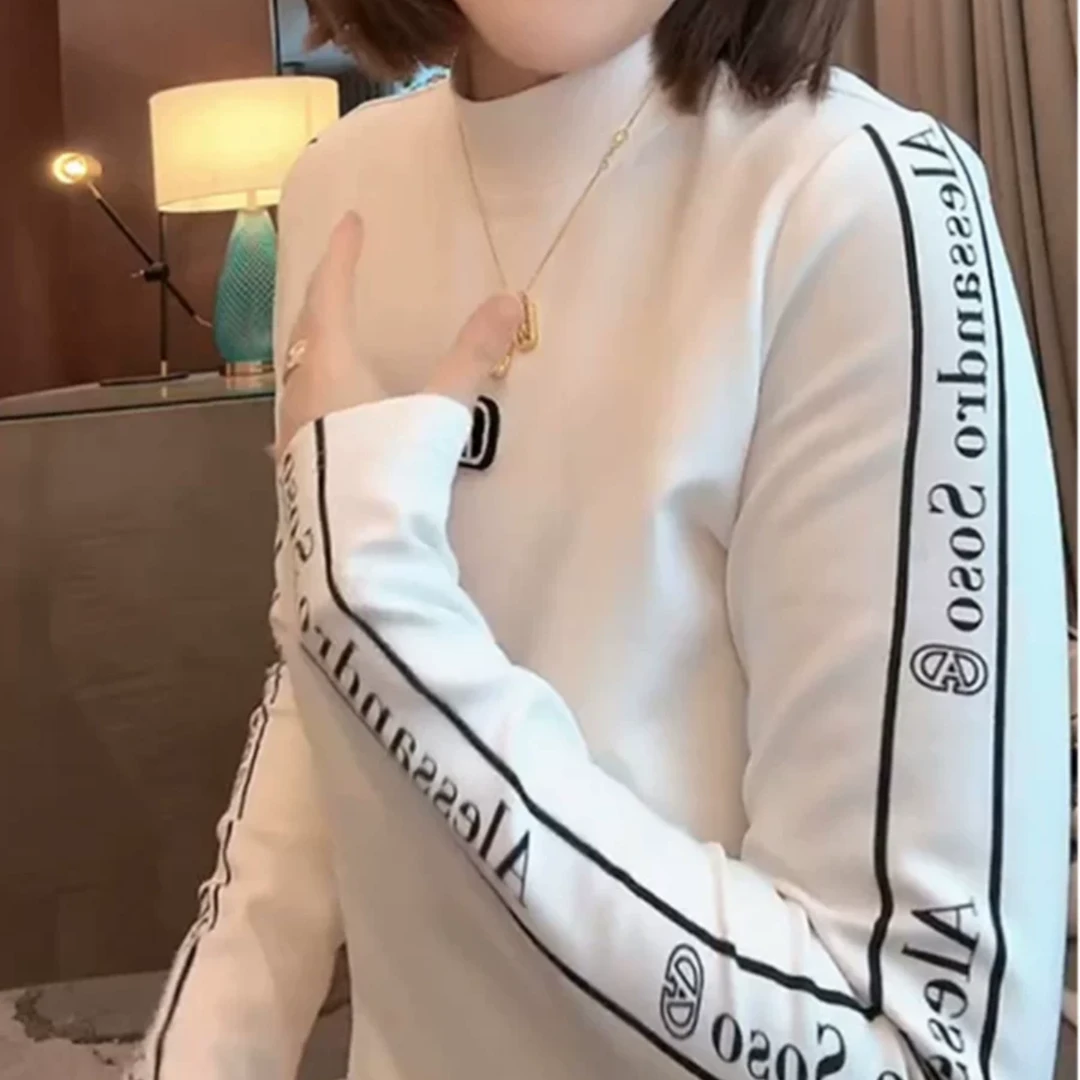 设计感印花加绒长袖T恤女秋冬时尚内搭外穿百搭立领打底衫上衣