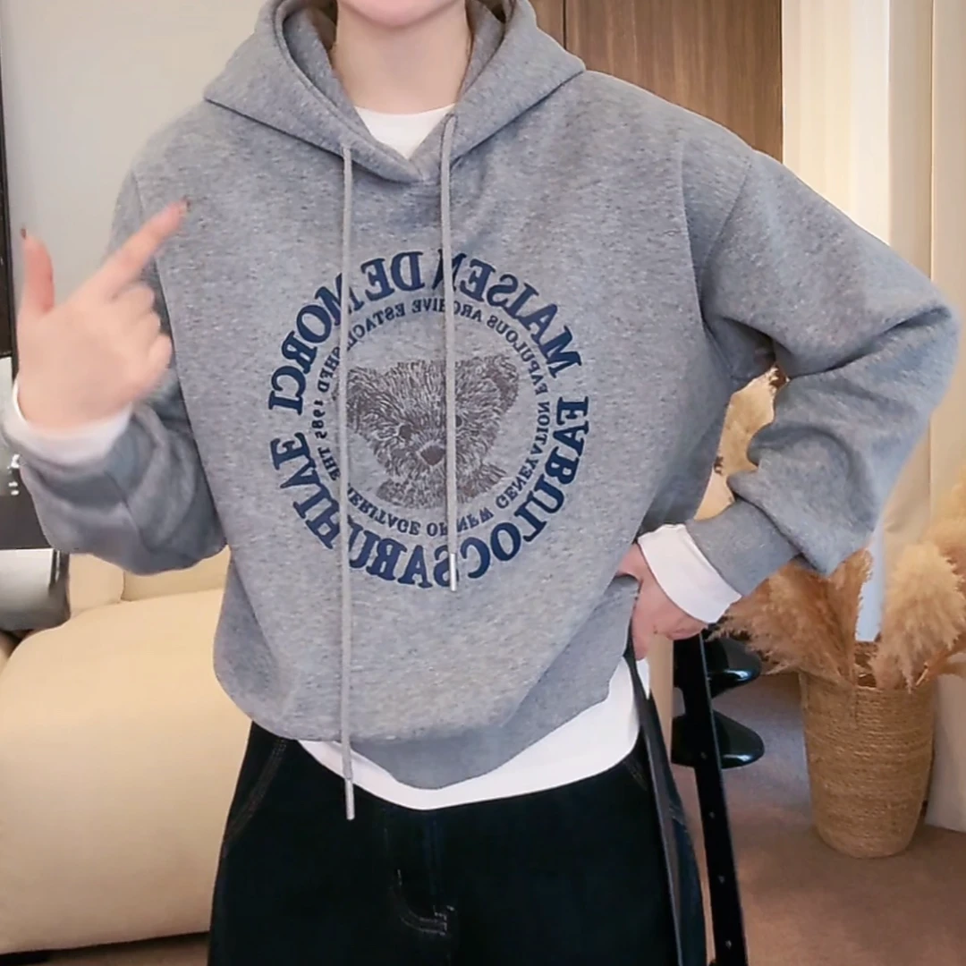 设计感发泡立体印花小熊加绒连帽卫衣女秋冬韩版时尚ins休闲上衣