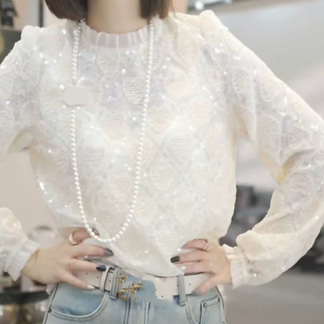 设计感气质亮片长袖T恤女秋冬新款百搭洋气时尚轻奢立领菱格上衣