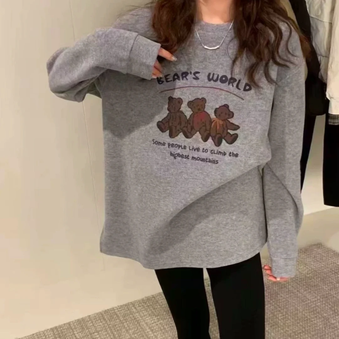 设计感小熊图案双面绒感加绒加厚卫衣女秋冬宽松休闲圆领长袖上衣