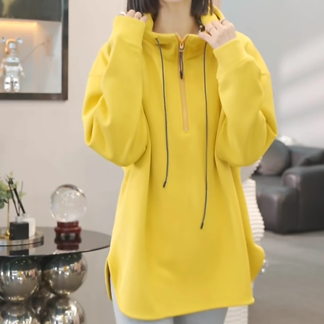 设计感半拉链加绒加厚连帽卫衣女秋冬2024新款保暖宽松上衣时尚
