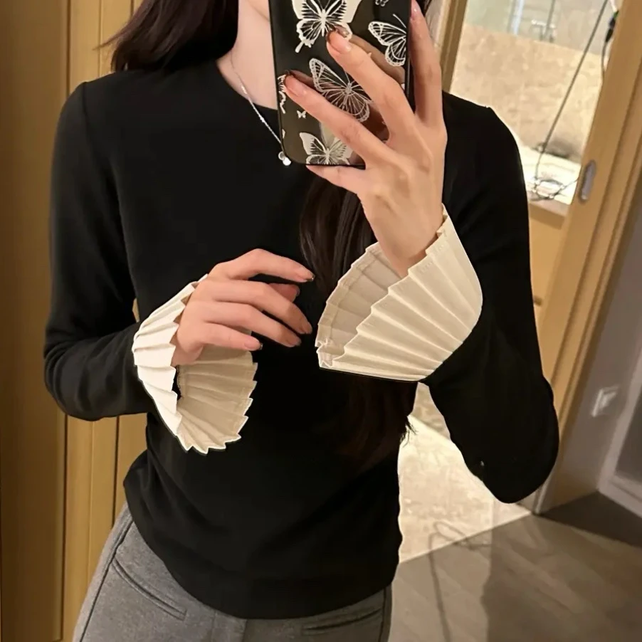 冬季加绒设计感上衣2024新款拼接显瘦内搭外穿百搭圆领t恤打底衫