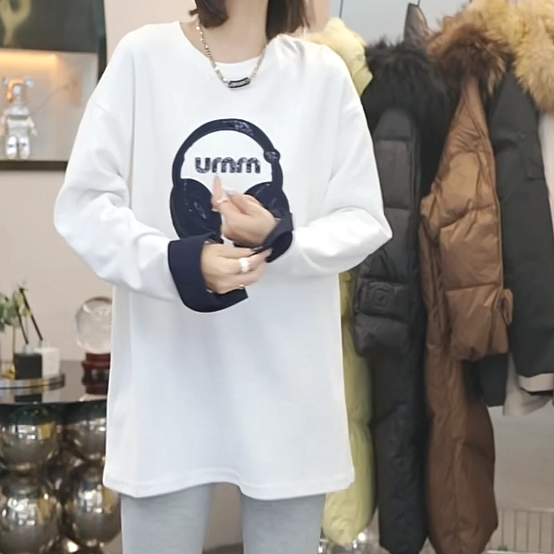 设计感撞色拼接圆领长袖T恤女秋冬2024新款时尚百搭套头打底上衣