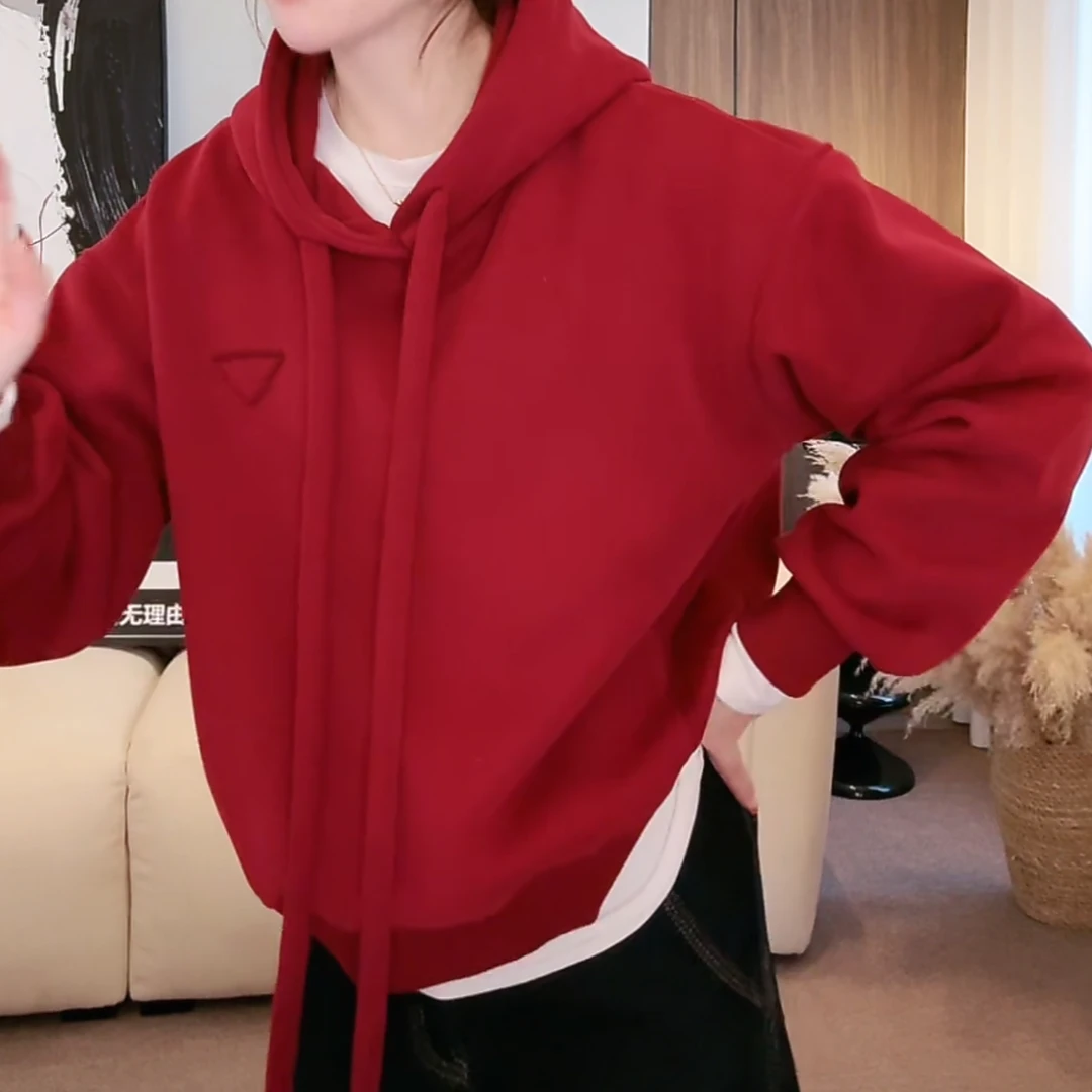设计感倒三角加绒加厚连帽套头卫衣女秋冬2024年新款休闲宽松上衣