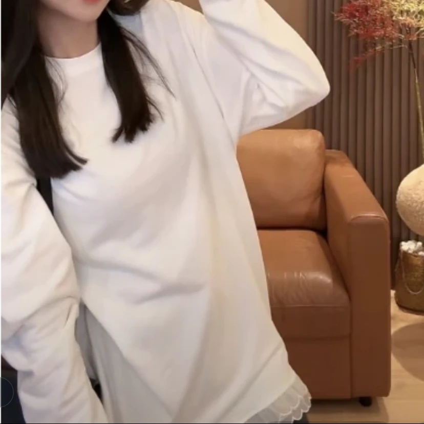 蕾丝花边打底设计感叠穿T恤2024新款秋冬时尚洋气宽松中长款上衣