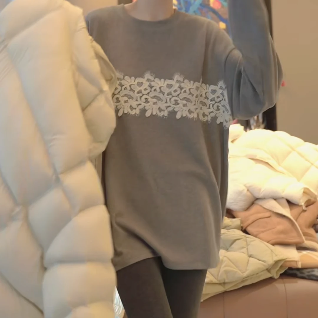 设计感拼接花边圆领卫衣女秋冬2024新款高端时尚感气质长袖上衣