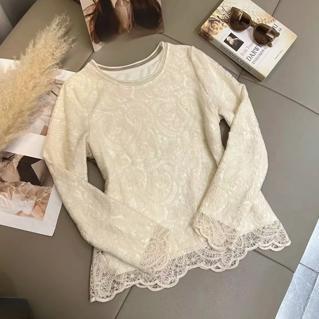 蕾丝上衣设计感拼接洋气高级感长袖上衣2024秋冬新款气质镂空t恤