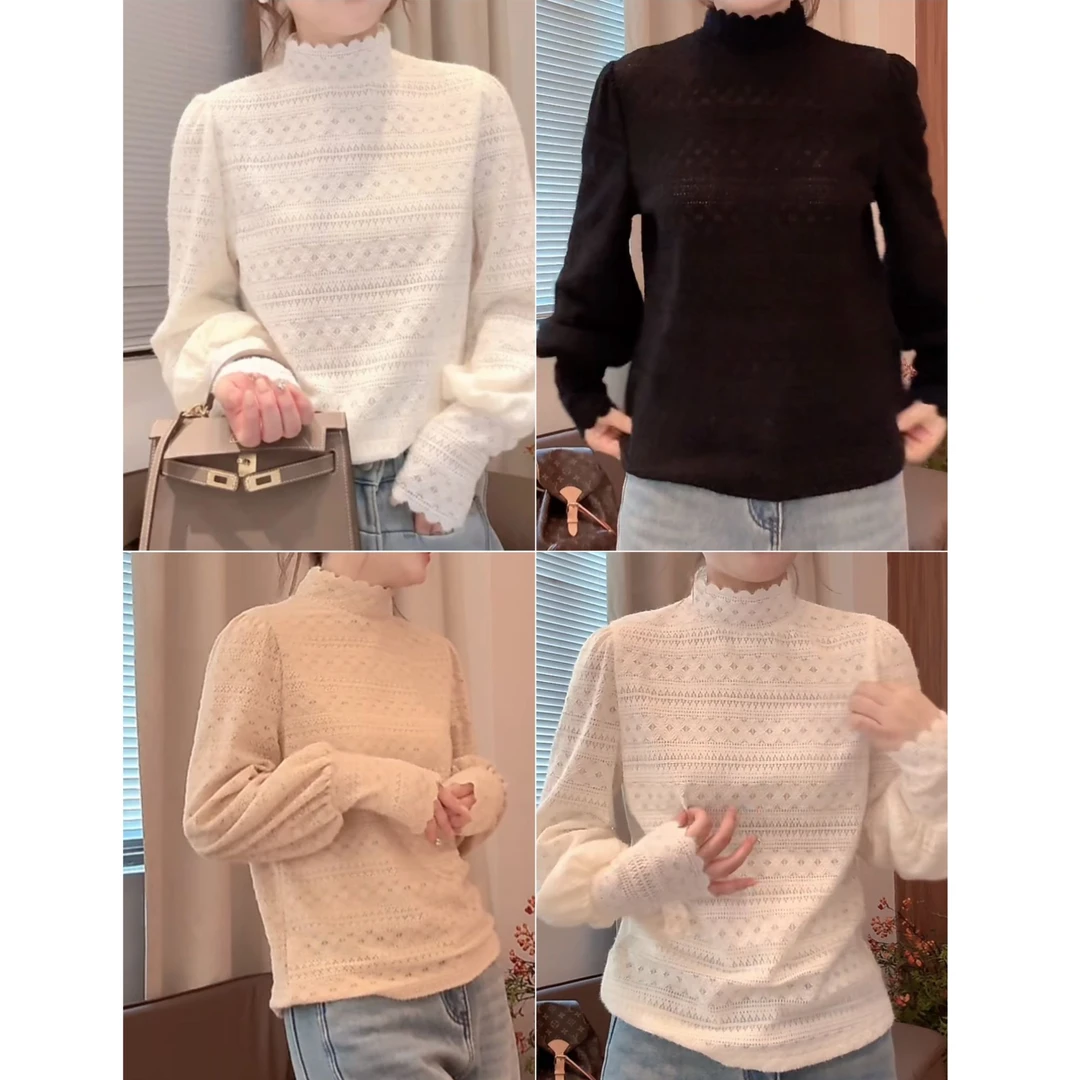 设计感磨毛蕾丝边打底衫T恤女秋冬高级感法式钩花半高领长袖上衣