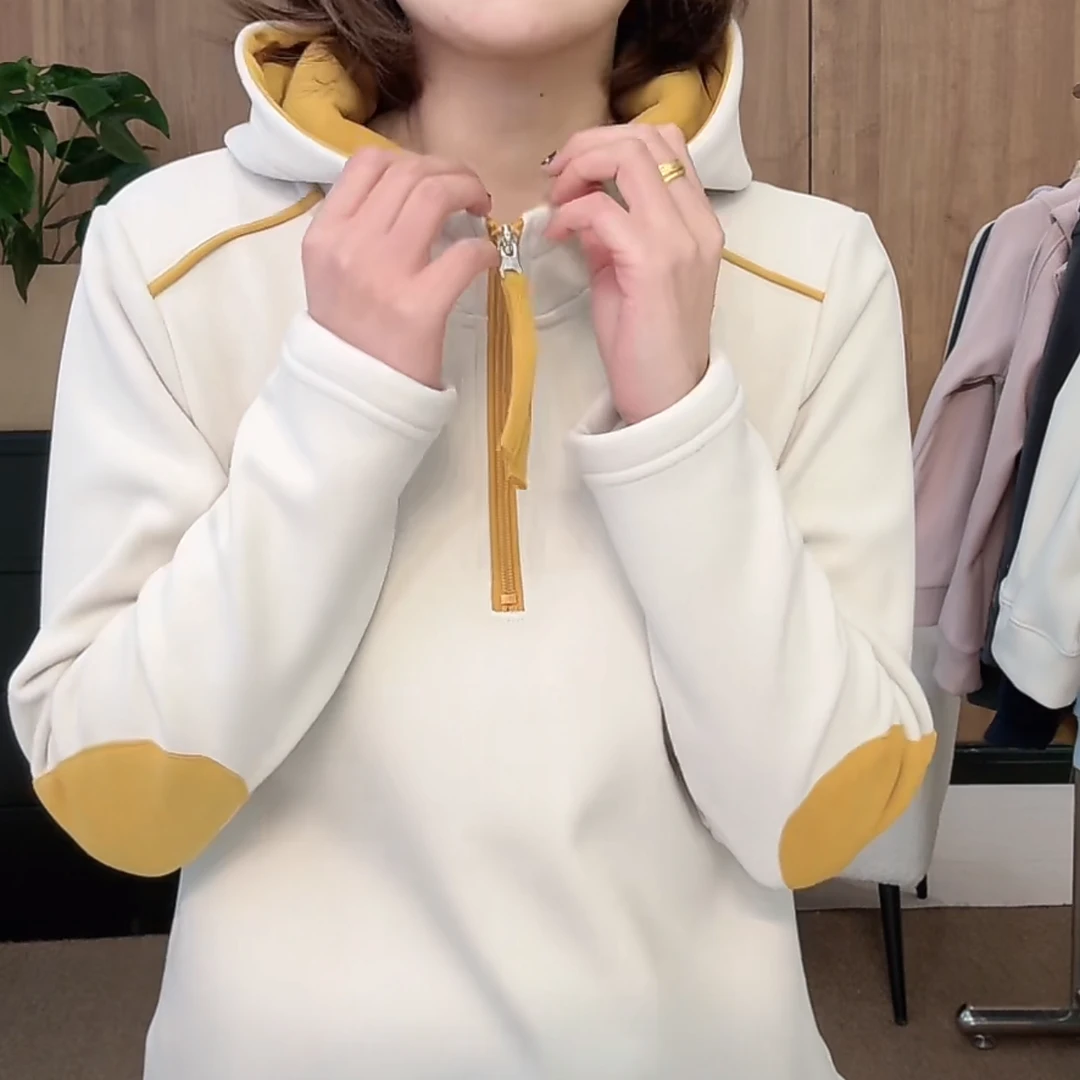 设计感撞色半拉链加绒加厚连帽卫衣女秋冬2024新款宽松连帽上衣