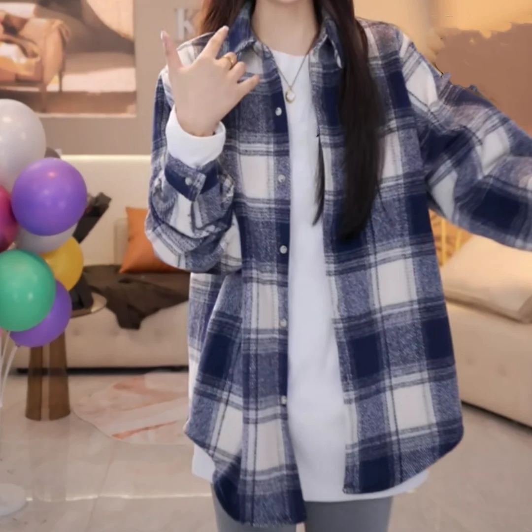 格子衬衫外套加厚宽松时尚不规则下摆格衬衣设计感
