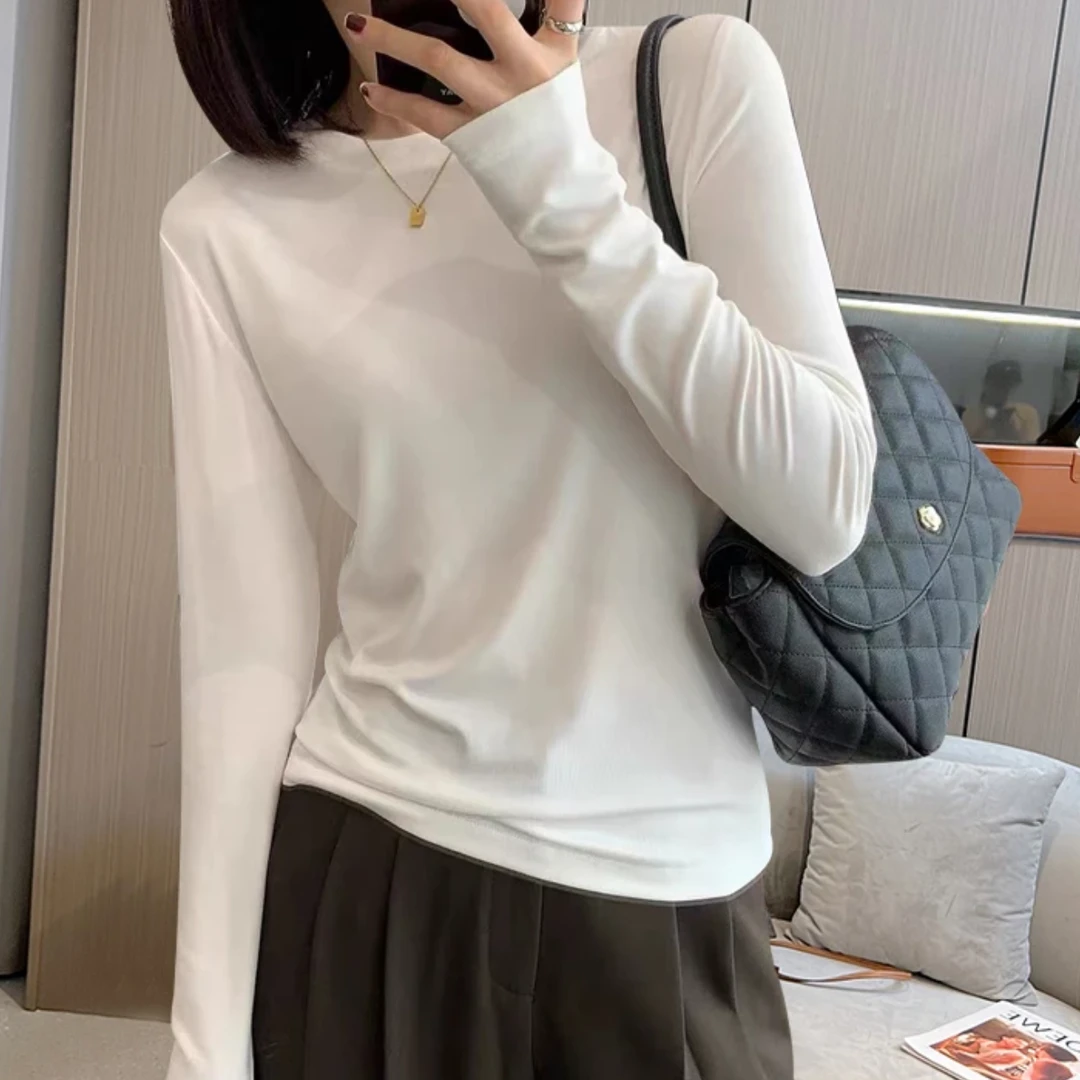 修身软糯圆领纯色磨毛长袖t恤女秋冬白色打底衫贴身显瘦内搭上衣