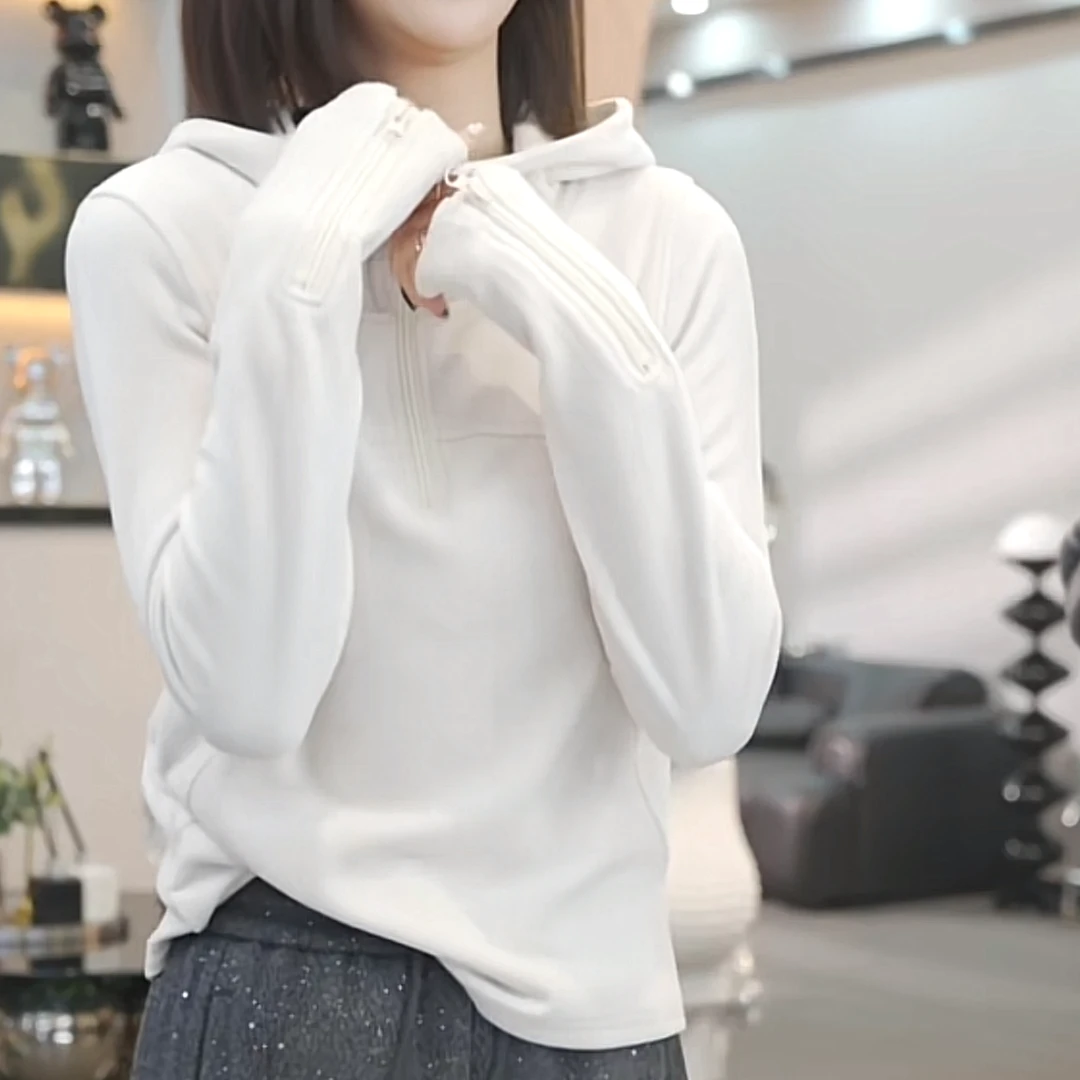 设计感撞色半拉链加绒加厚连帽卫衣女秋冬2024新款宽松连帽上衣