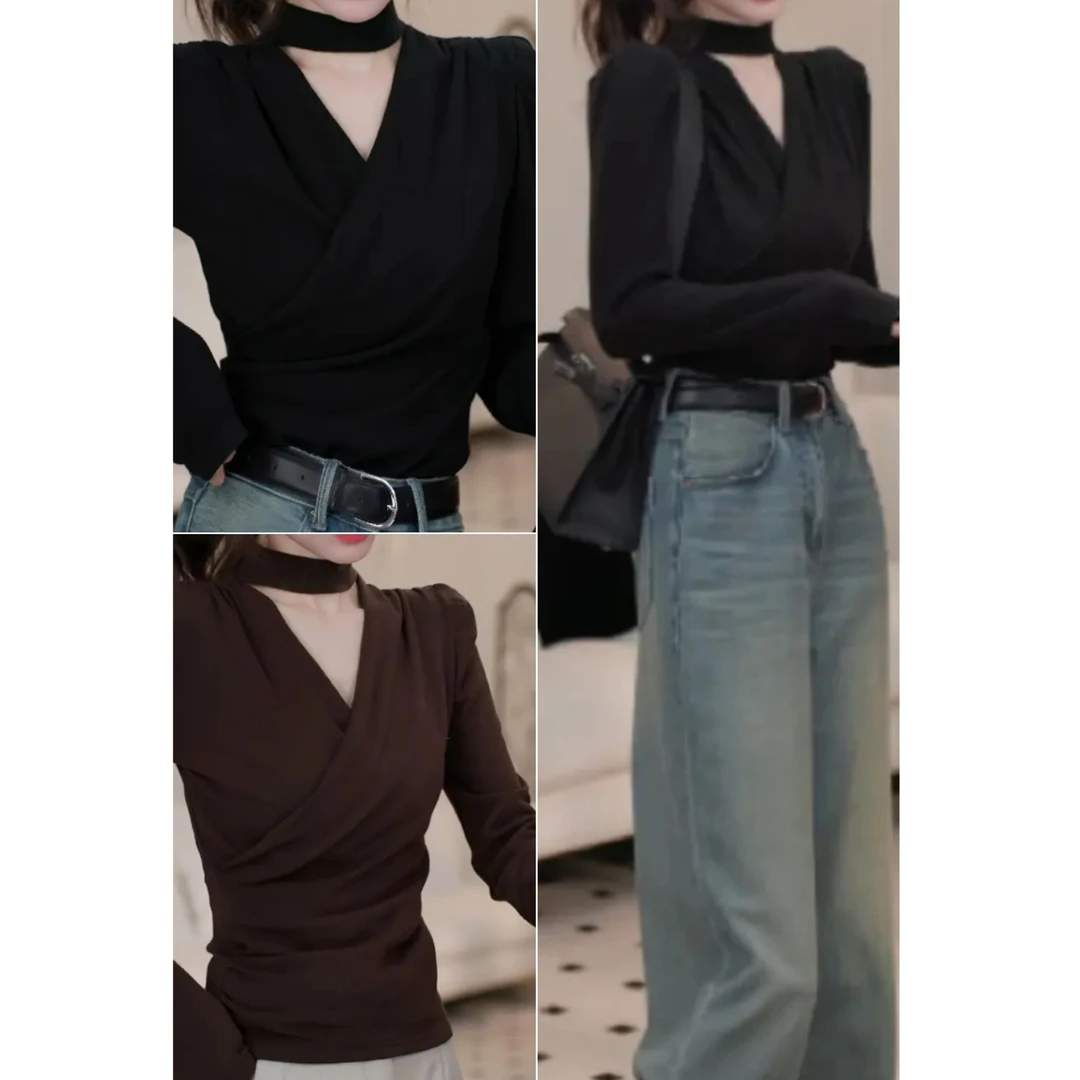 设计感挂脖V领镂空长袖T恤女秋冬内搭上衣显瘦气质氛围感褶皱小衫