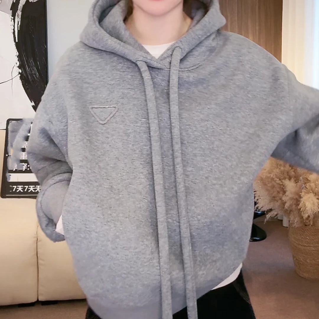 设计感倒三角加绒加厚连帽套头卫衣女秋冬2024年新款休闲宽松上衣