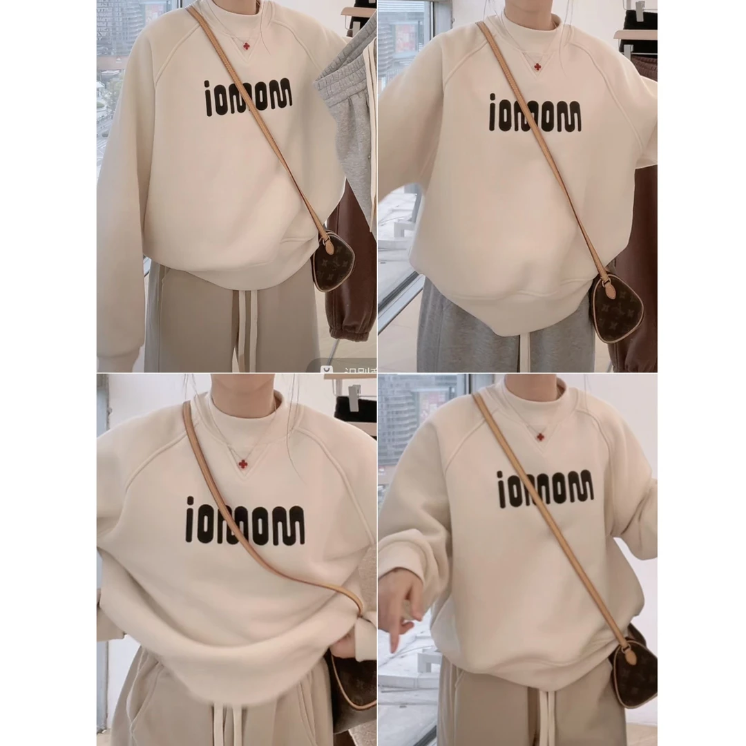 设计感字母加绒加厚卫衣女2024新款秋冬休闲宽松套头圆领长袖上衣