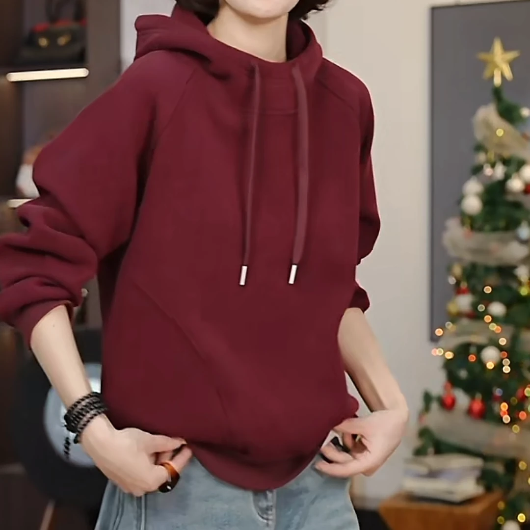 安可拉红加绒连帽卫衣休闲百搭加厚时尚冬季卫衣女2024新款爆款