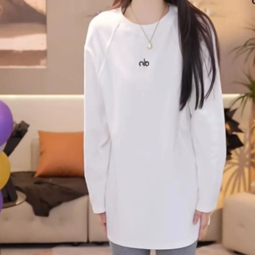 磨毛长袖T恤秋冬2024新款极简中长款百搭宽松休闲圆领打底衫上衣