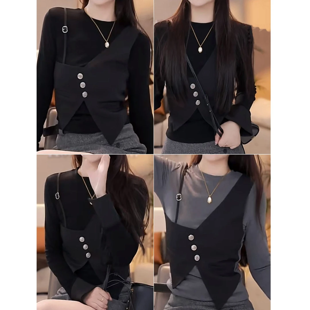 设计感不规则假两件长袖T恤女冬季2024新款修身韩式圆领打底上衣