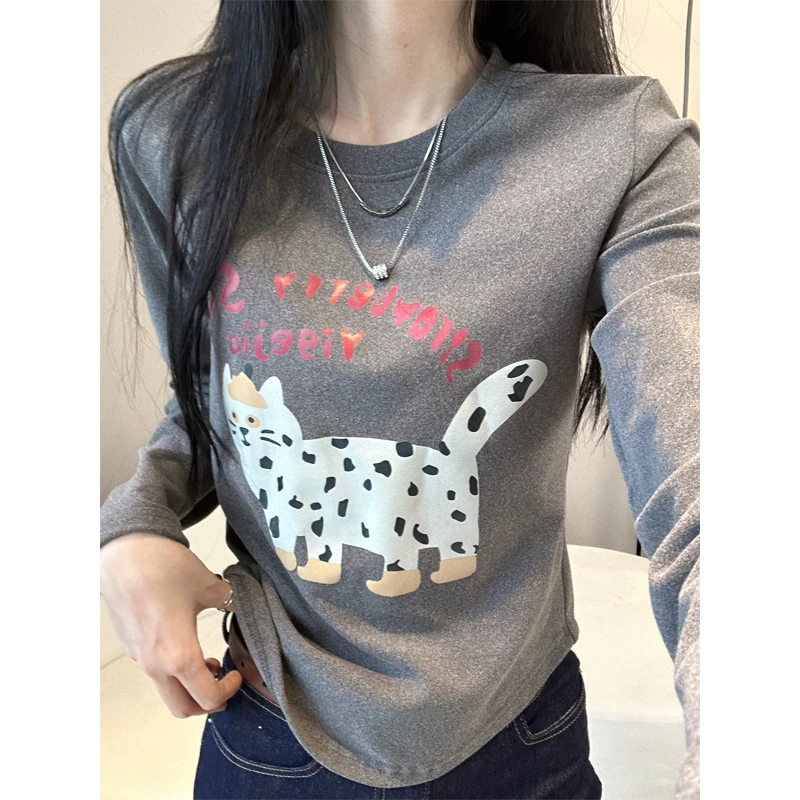 设计感卡通猫咪印花双面绒长袖T恤女秋冬内搭百搭圆领套头打底衫