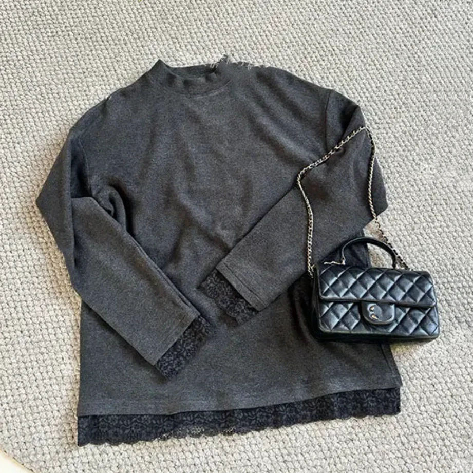 设计感宽松慵懒蕾丝边半高领长袖T恤女冬季百搭宽松内搭打底上衣