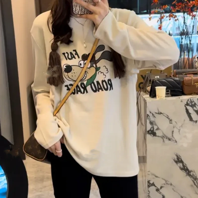 德绒印花打底衫2024新款冬季厚款一只小狗T恤宽松洋气百搭上衣