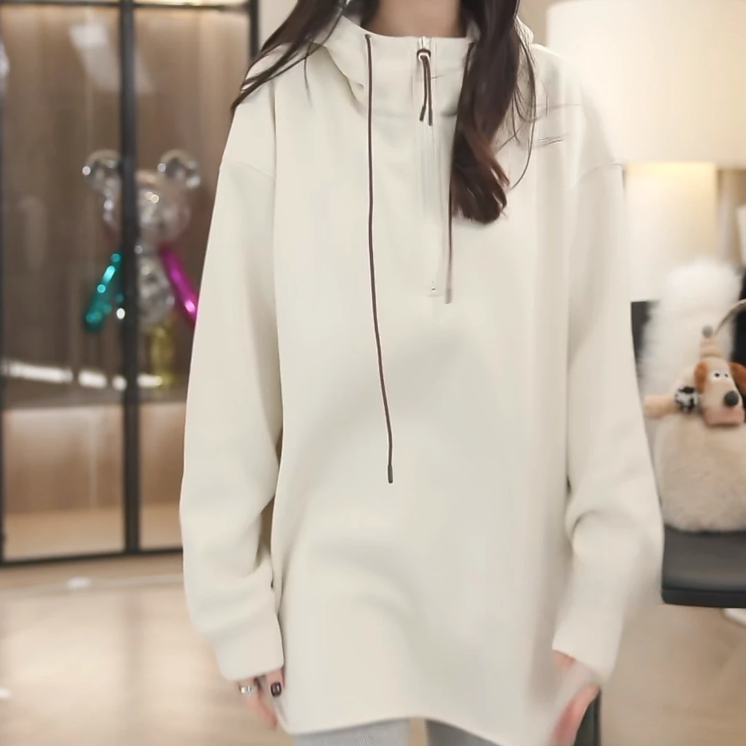 设计感半拉链加绒加厚连帽卫衣女秋冬2024新款保暖宽松上衣时尚