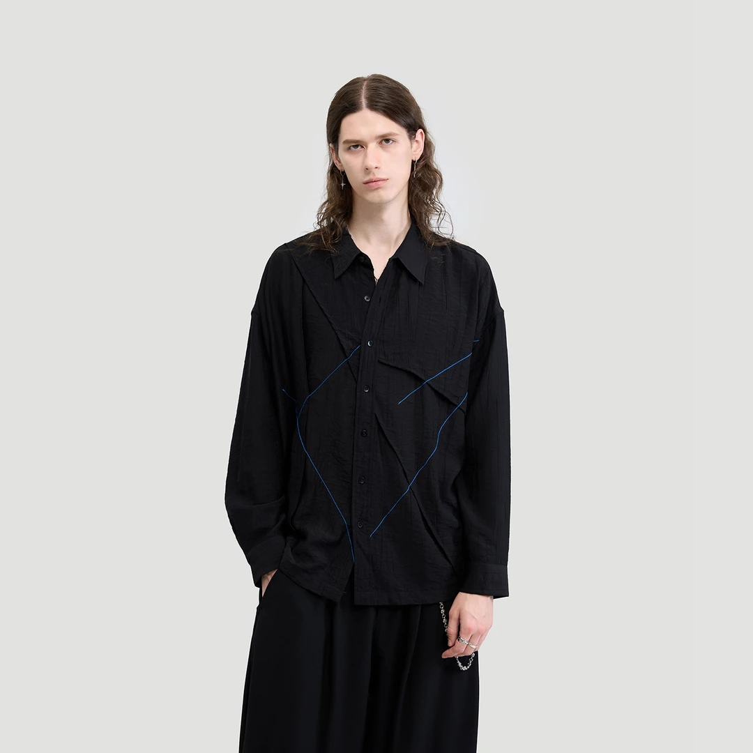 HERBEL/黑白2025秋季黑色印花衬衫条纹翻领秋季男士黑白国风衬衫