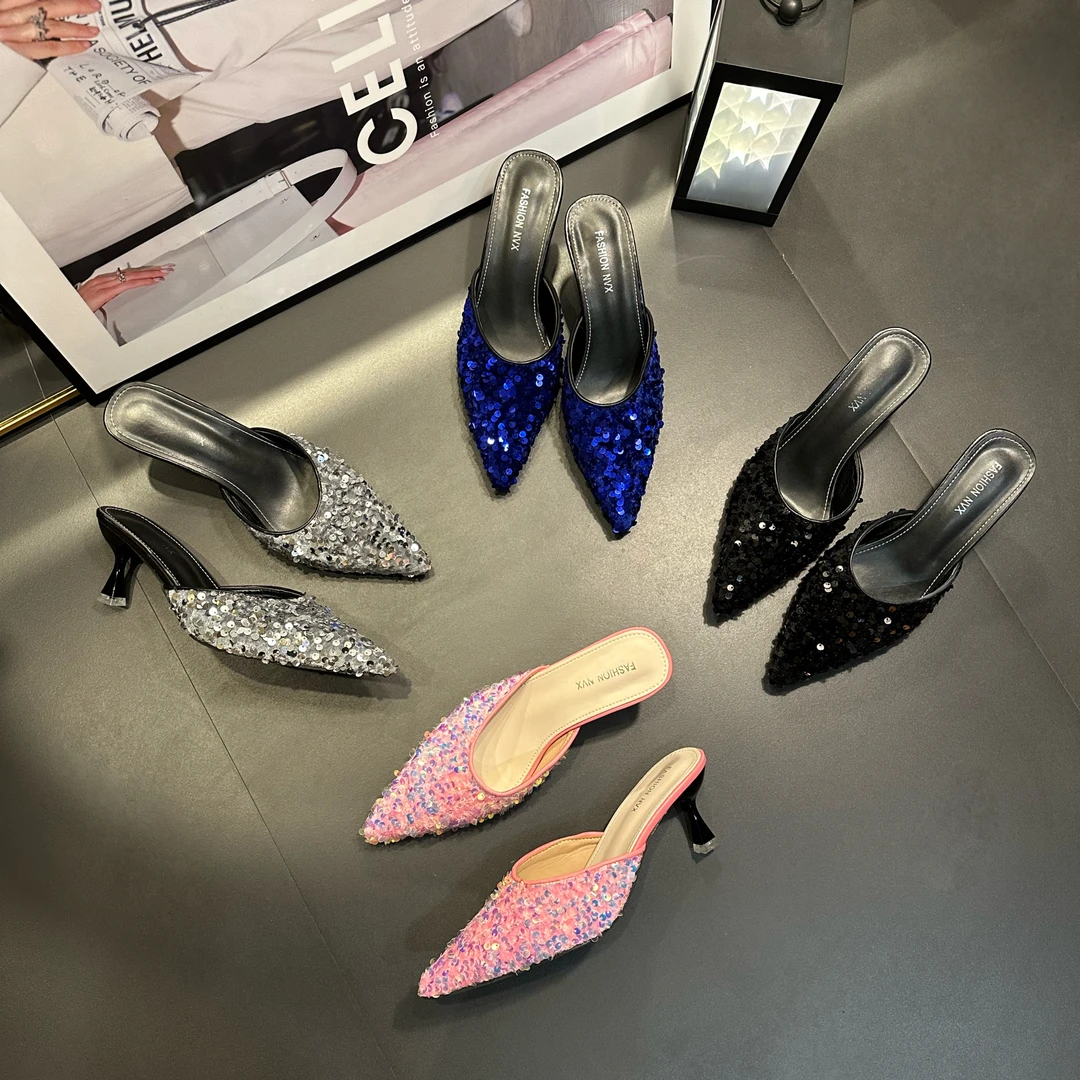 【奈私推荐】2023新款仙女风亮片尖头半拖爆款性感细跟包头高跟鞋