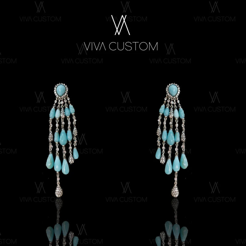 铜合金合成锆石耳饰 （彩石流光系列）复古民族风流苏水滴耳钉