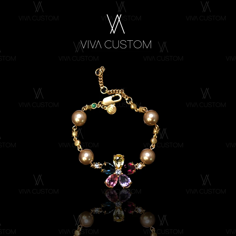 铜合金合成锆石手链 (鎏金岁月系列)复古国风设计感七彩花手链