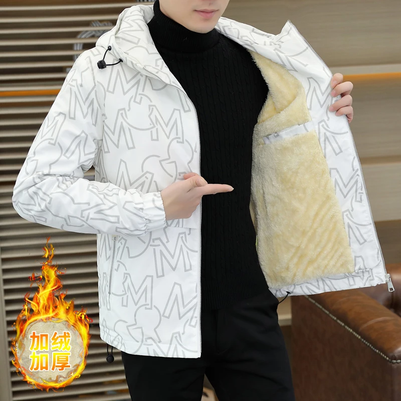 春秋季加绒加厚夹克男韩版高端帅气短款棉服秋装休闲连帽棉衣外套