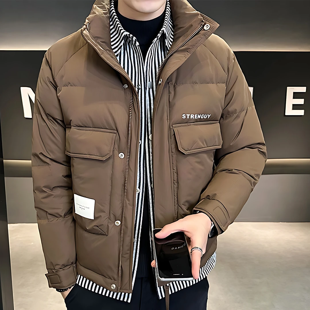 男士外套男春秋款假两件羽绒服男士短款潮牌立领加厚工装外套秋款