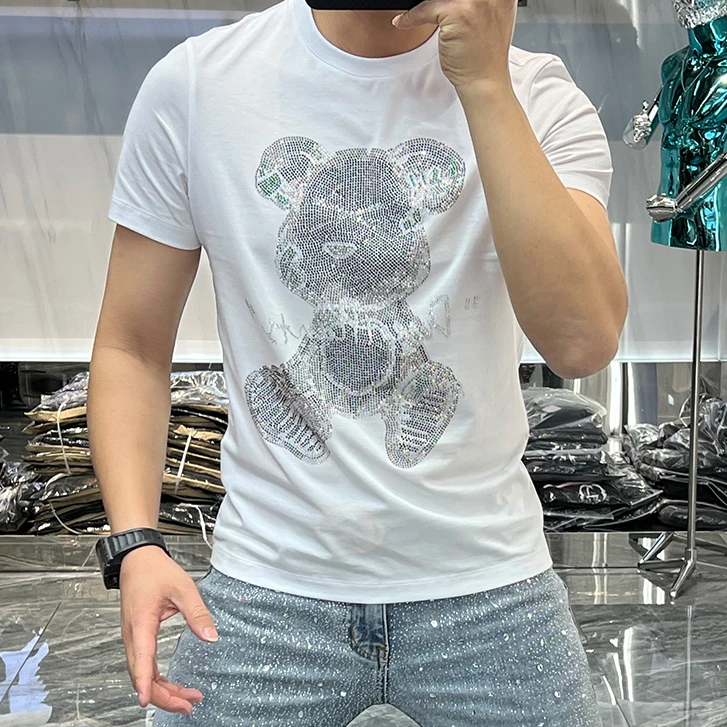 男士短袖t恤男欧洲站高端潮牌烫钻青年休闲冰丝半袖超大码男款T恤