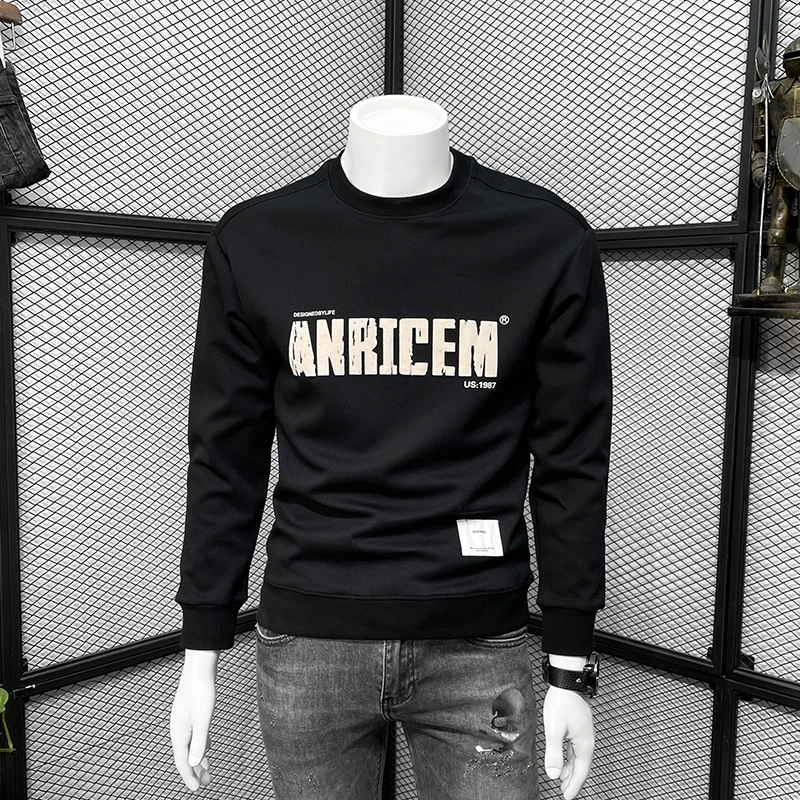 欧洲站高级男装圆领卫衣男潮牌字母印花修身上衣服高档潮流打底衫