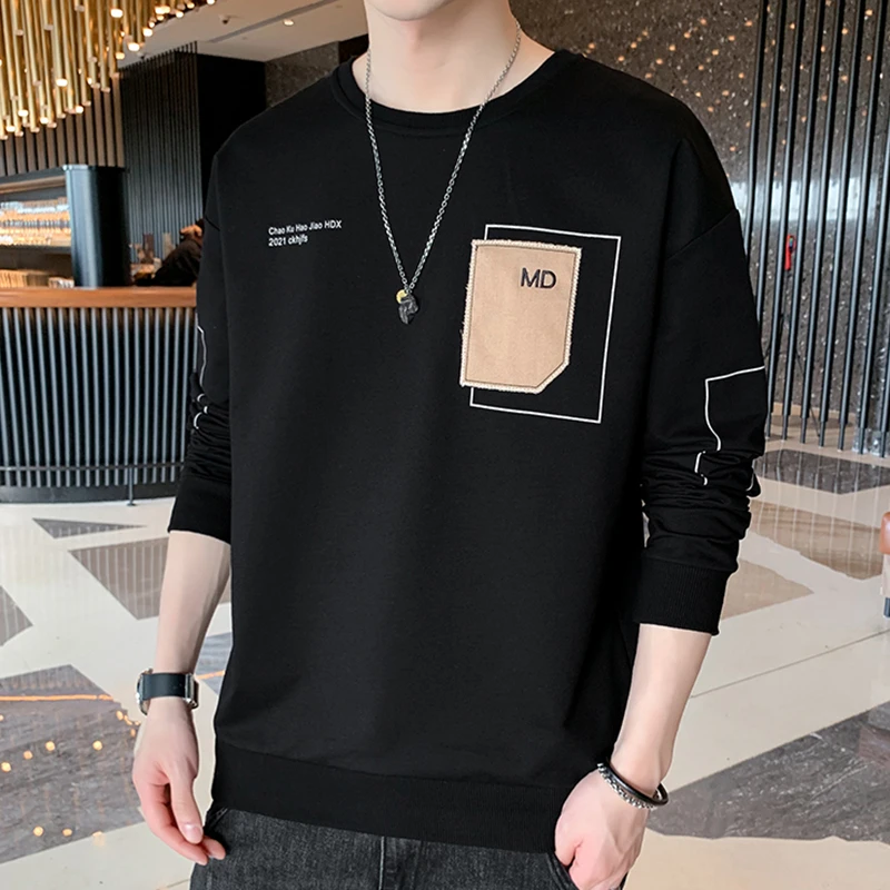 品质男装男士长袖t恤潮流卫衣时尚感潮牌简约拼色上衣ins打底衫男