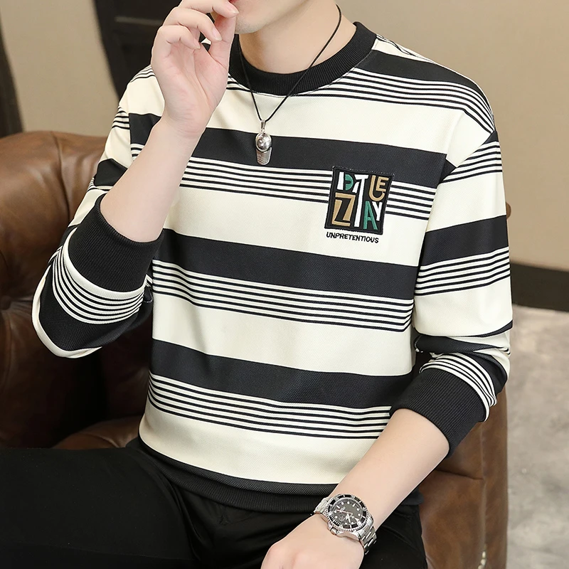 春秋季潮流条纹圆领卫衣男士春季休闲长袖打底衫T恤男秋季男上衣