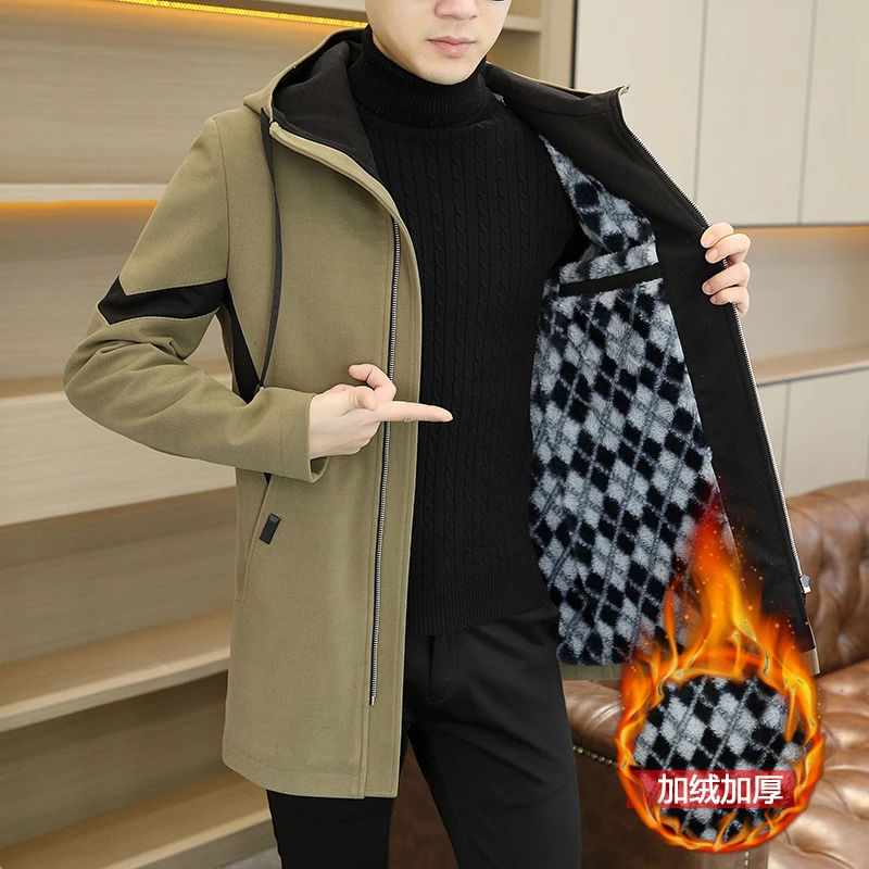 呢子大衣男款高级感长款秋冬季加绒加厚连帽风衣男士毛呢外套男款