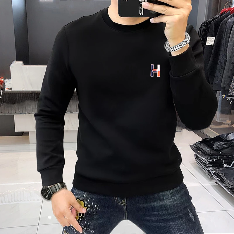 秋冬新款高级男装简约卫衣男潮牌时尚字母刺绣上衣套头百搭打底衫