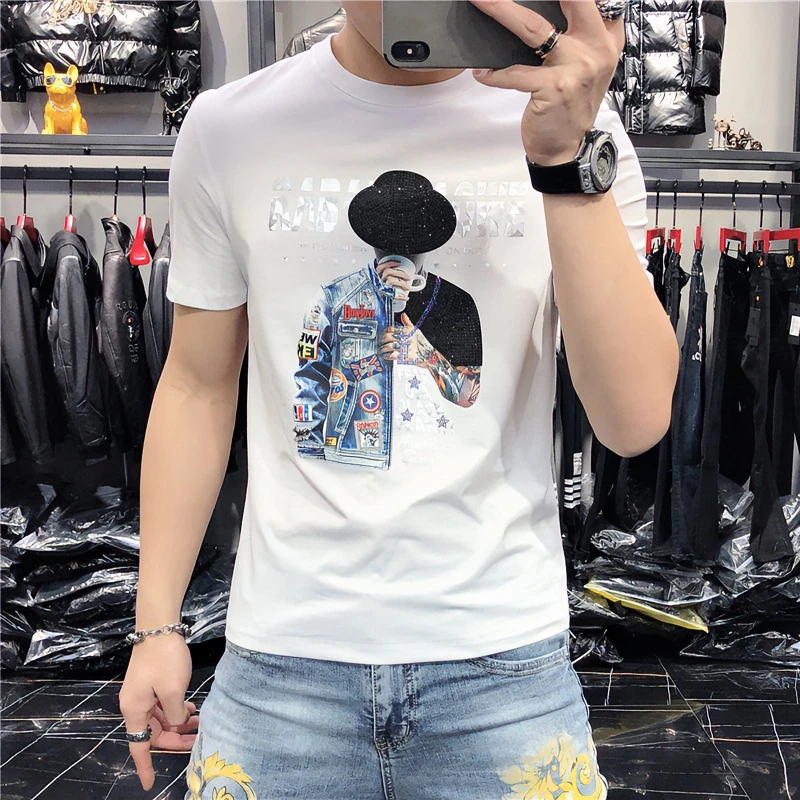 男士短袖t恤男欧货烫钻个性休闲ins半袖男式T恤衫潮牌男式上衣男t