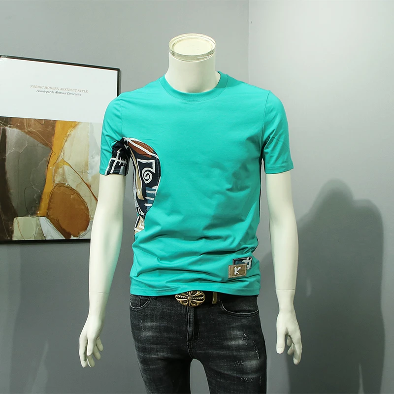 男士短袖t恤男2024夏季新款潮流印花刺绣圆领潮牌半袖男式上衣服